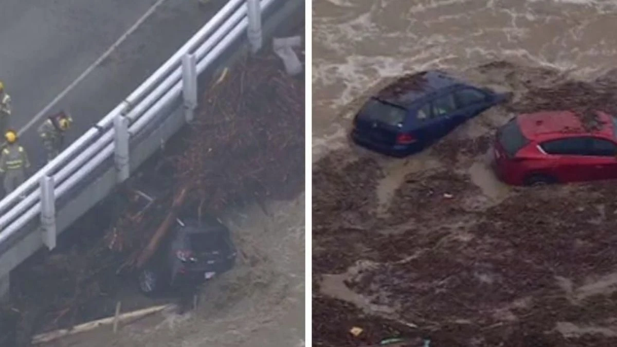 Mașini și rulote luate de ape, survolate de elicoptere de salvare în Victoria