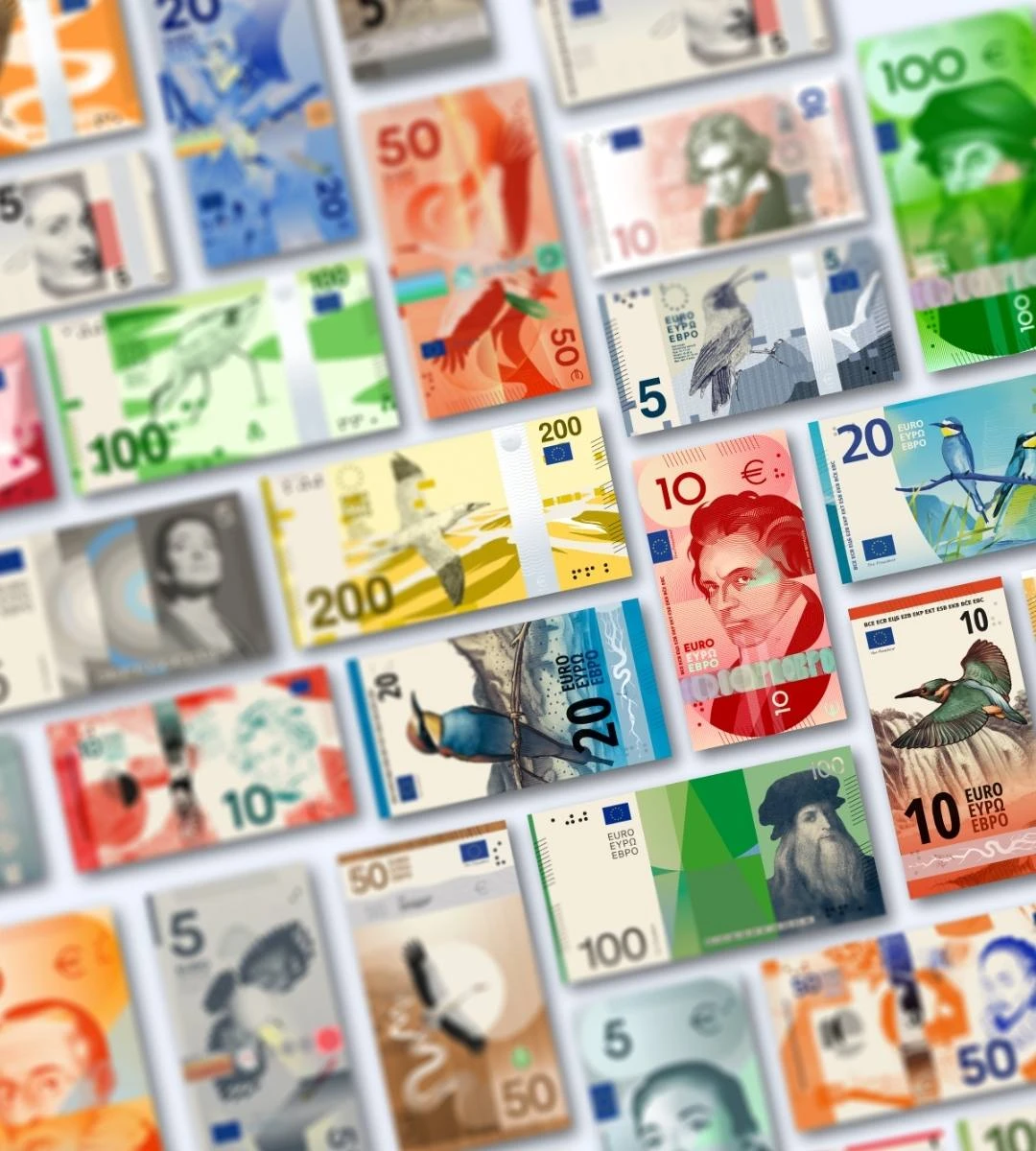Bancnotele euro se schimbă. În imagine, un colaj cu o parte din noile propuneri ale BCE