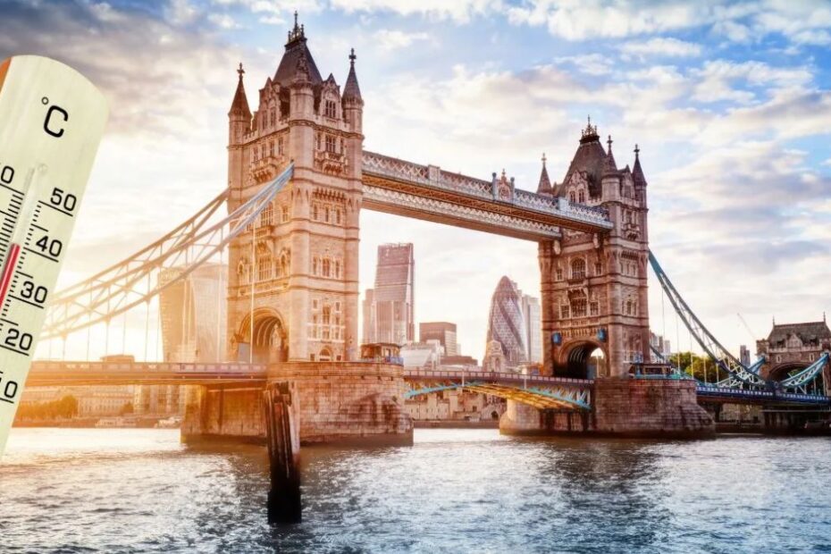 Al cincilea val de căldură din Regatul Unit. Foto: Tower Bridge și un termometru care indică o temperatură ridicată.