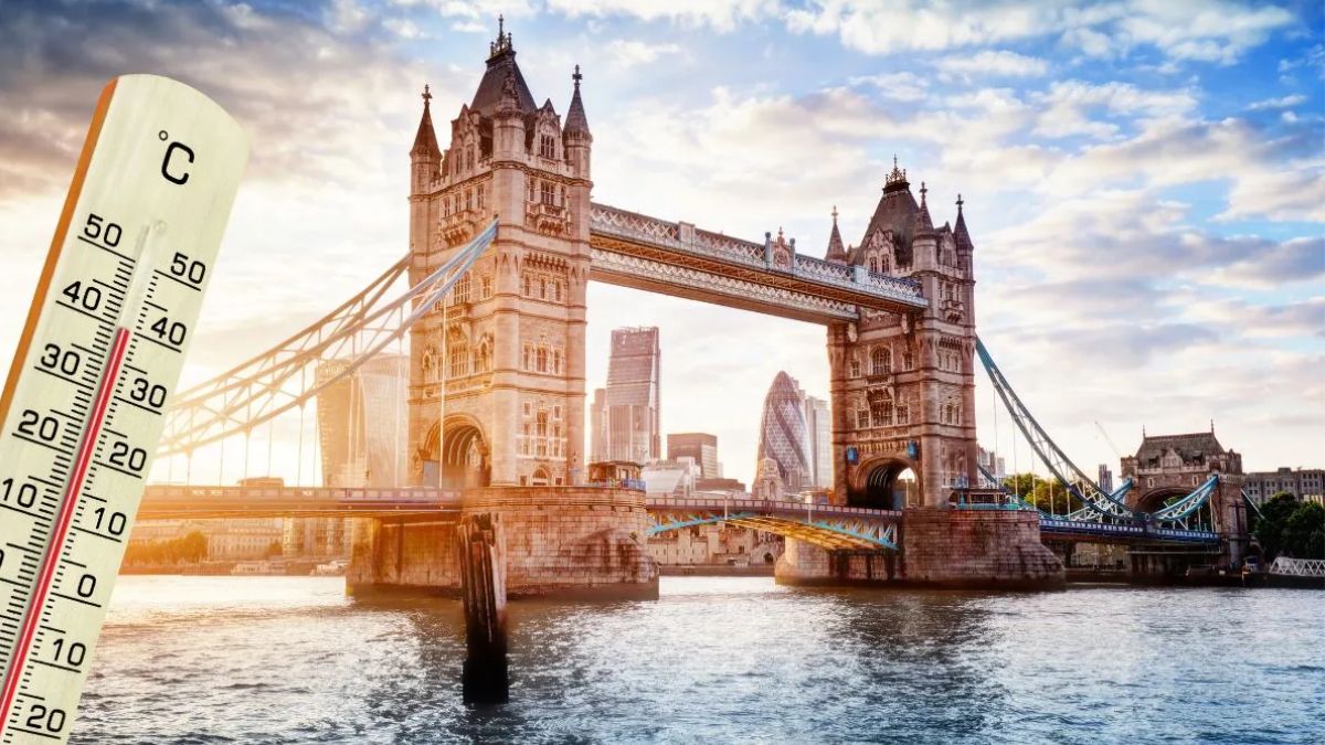 Al cincilea val de căldură din Regatul Unit. Foto: Tower Bridge și un termometru care indică o temperatură ridicată.