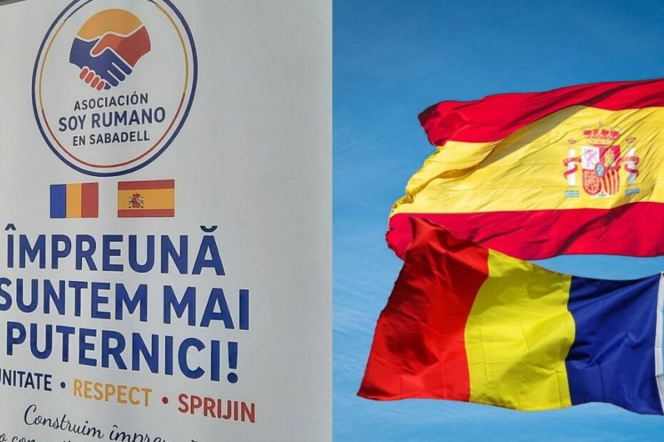 Sigla Asociației Soy Rumano en Sabadell și drapelele României și Spaniei, alături de mesajul „Împreună suntem mai puternici!”
