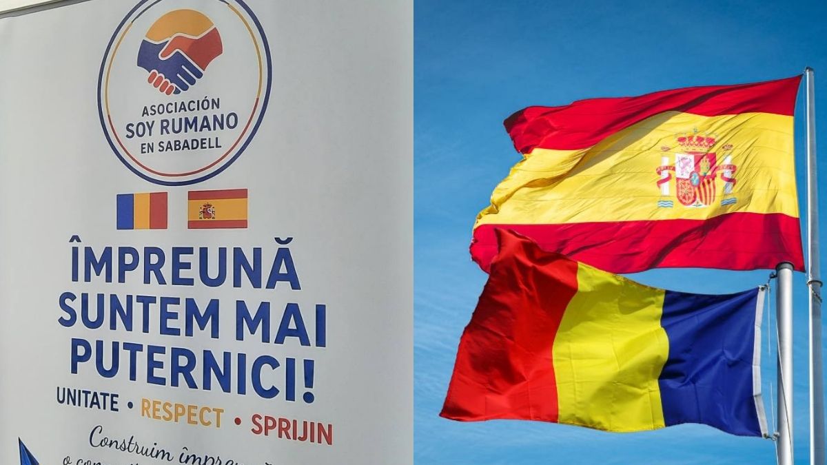 Sigla Asociației Soy Rumano en Sabadell și drapelele României și Spaniei, alături de mesajul „Împreună suntem mai puternici!”